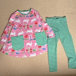Mini Boden dress and matching leggings. Pink with bunnies, flowers and stripes!